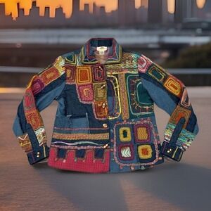 Sandy Starkman Jacket Womens S Art To Wear Patchwork Applique Knit Boho NEW RARE